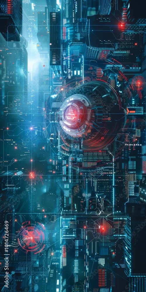 Poster surreal composition integrating cyber defense symbols.