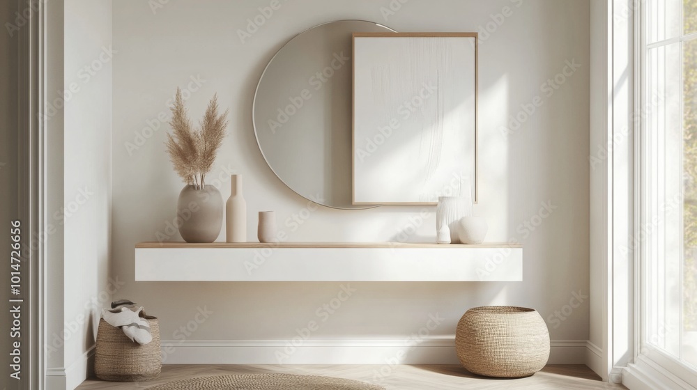 Poster a bright living area showcases a minimalist design with a floating shelf adorned with decorative vas