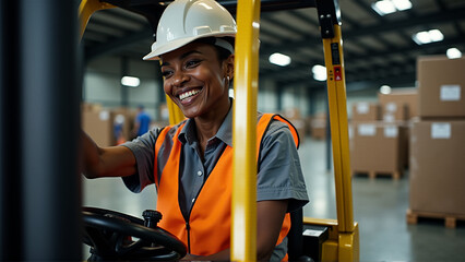 Smiling women worker using forklift