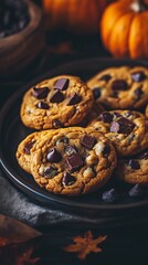 Close-up of freshly baked chocolate chip cookies on a dark plate with pumpkins in the background, showcasing autumn vibes.