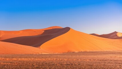 A serene desert landscape featuring rolling sand dunes under a clear blue sky.