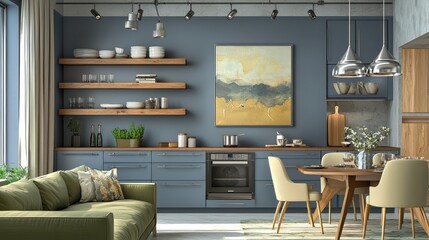 Contemporary living area with azure kitchen cabinets, wooden art shelves, taupe walls, silver lighting, olive green sofa, and sand dining chairs