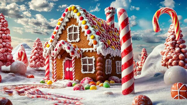 Candy-themed gingerbread house with colorful decorations, including candy canes, gumdrops, and a magical fantasy setting for a fun holiday atmosphere. Gingerbread house, New Year, Christmas