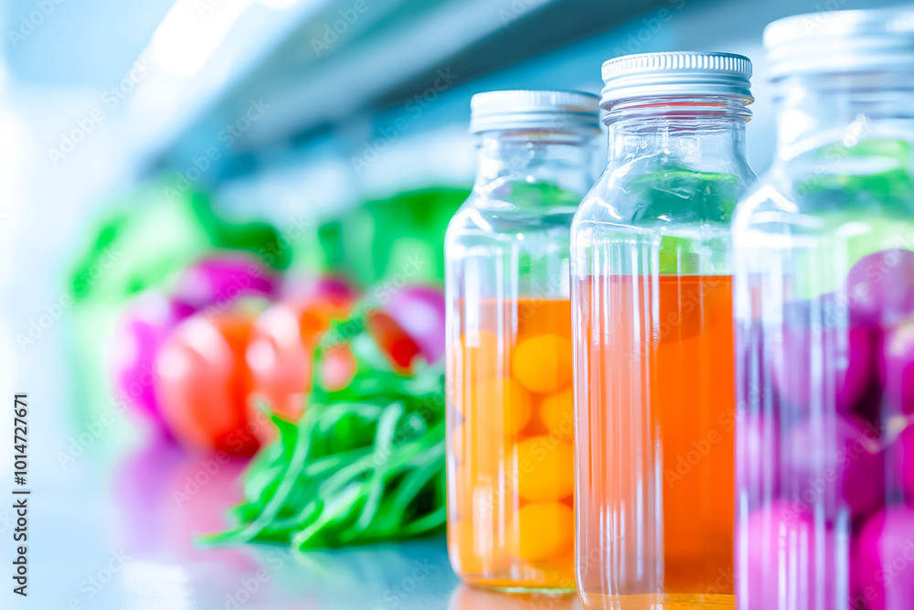 Poster a collection of bottles filled with fresh juices is displayed next to various colorful vegetables in