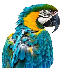 Close-up of a blue and gold macaw, with vibrant feathers and a curious gaze.
