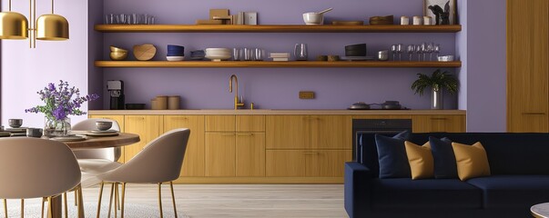 Contemporary living area with amber kitchen cabinets, wooden shelves, lavender walls, gold lighting, navy blue sofa, and sand dining chairs