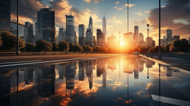 Modern office building or business center. High-rise windor buildings made of glass reflect the clouds and the sunlight. - Powered by Adobe