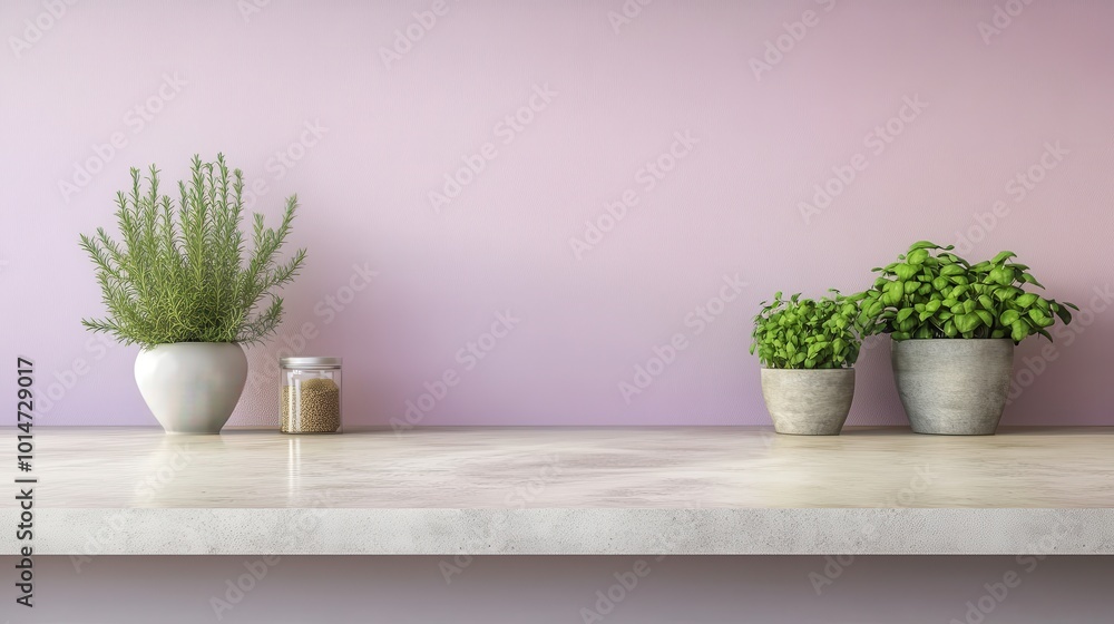 Poster a serene shelf displaying potted plants and a jar, creating a calming atmosphere.