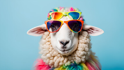 Fototapeta premium Trendy Sheep in Sunglasses: A Fashionable Portrait on Blue Background
