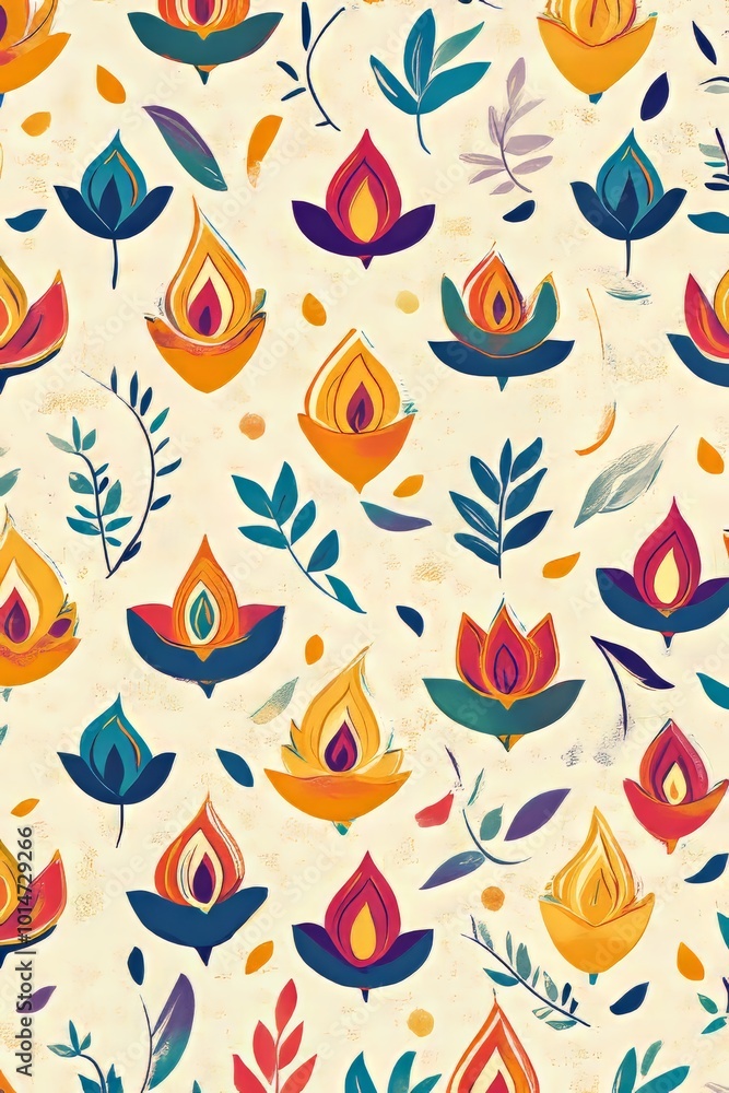 Poster diwali background with a repeating pattern of colorful diyas and festive symbols.