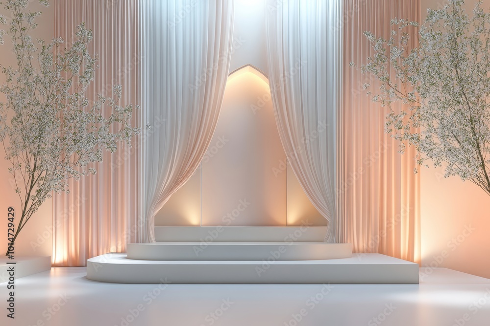 Poster a serene stage setup with soft curtains and decorative branches for events or presentations.