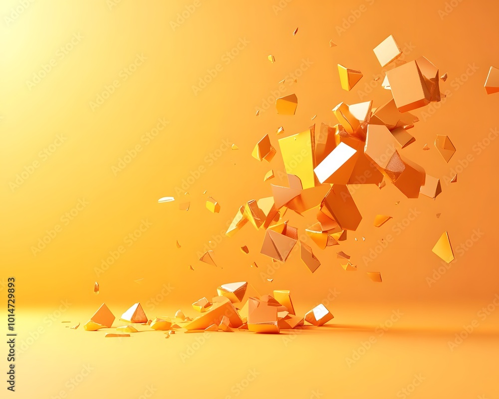 Poster an abstract explosion of geometric shapes in vibrant orange, creating a dynamic and eye-catching vis