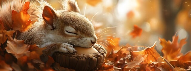 A cute squirrel sleeping in an acorn, surrounded by autumn leaves