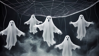 Soft background with white ghosts floating in the air and spider webs