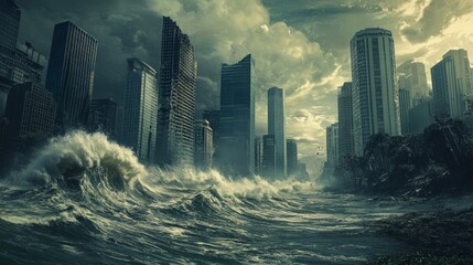 A powerful wave crashes against a city skyline, with ominous clouds overhead, suggesting the impact of climate change and rising sea levels.