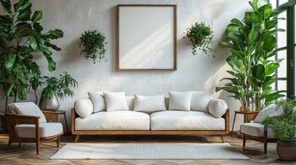 Modern Living Room with Elegant White Sofa and Indoor Plants