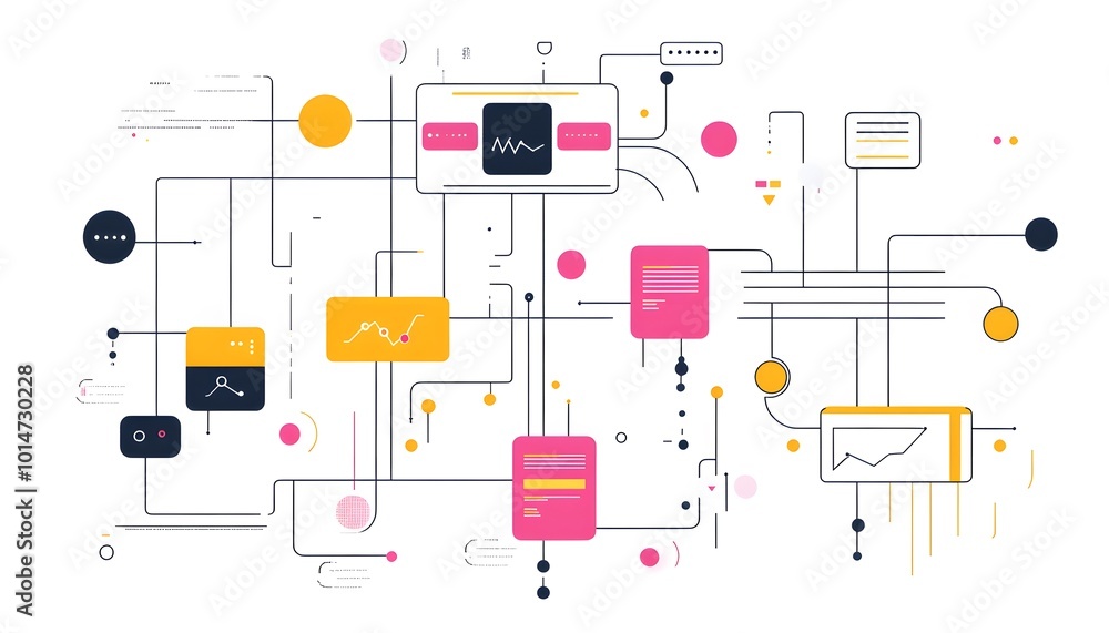 Poster colorful abstract data visualization with interconnected lines and graphs representing digital infor