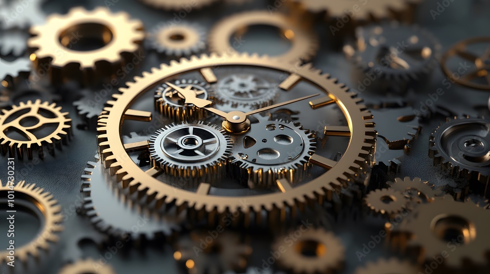 Poster close-up of intricate golden gears and clockwork mechanism showcasing detailed craftsmanship and pre