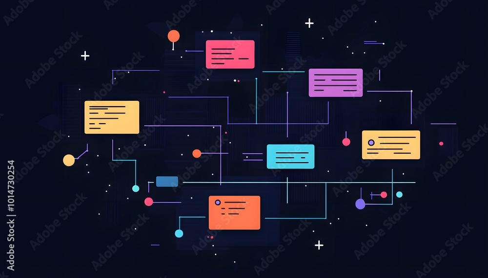 Poster colorful flowchart design on a dark background, representing data connections and information flow i