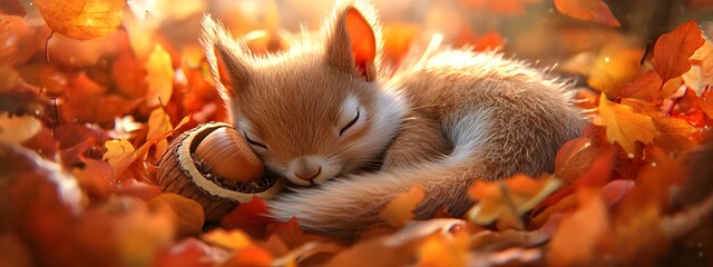 A cute squirrel sleeping in an acorn, surrounded by autumn leaves