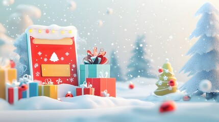 Colorful gifts and a whimsical Christmas tree set in a snowy landscape, creating a magical holiday scene full of joy.