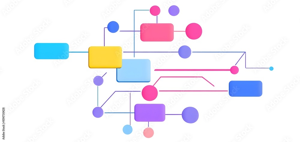 Poster colorful vector graphic showcasing interconnected nodes and blocks, ideal for technology and data vi
