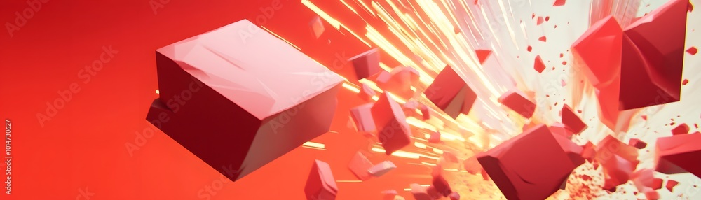 Poster dynamic abstract image of red shapes exploding against a bright background, conveying energy and mot