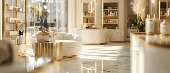 Elegant beauty salon interior with luxurious decor, soft lighting, and stylish furniture creating a tranquil atmosphere.
