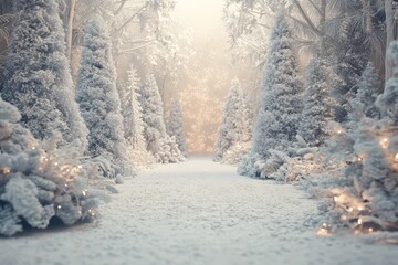 A serene winter pathway lined with snow-covered trees and soft lights creates a peaceful atmosphere.