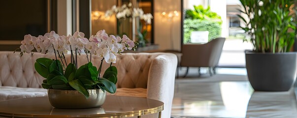 Fototapeta premium Elegant lobby with plush seating and beautiful floral arrangement, creating a sophisticated and inviting atmosphere.