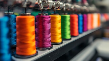 A row of colorful spools of thread on a machine in a textile factory.