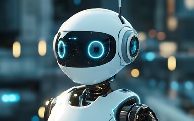 Futuristic robot with glowing eyes and sleek design in a modern environment, symbolizing innovation and technology.