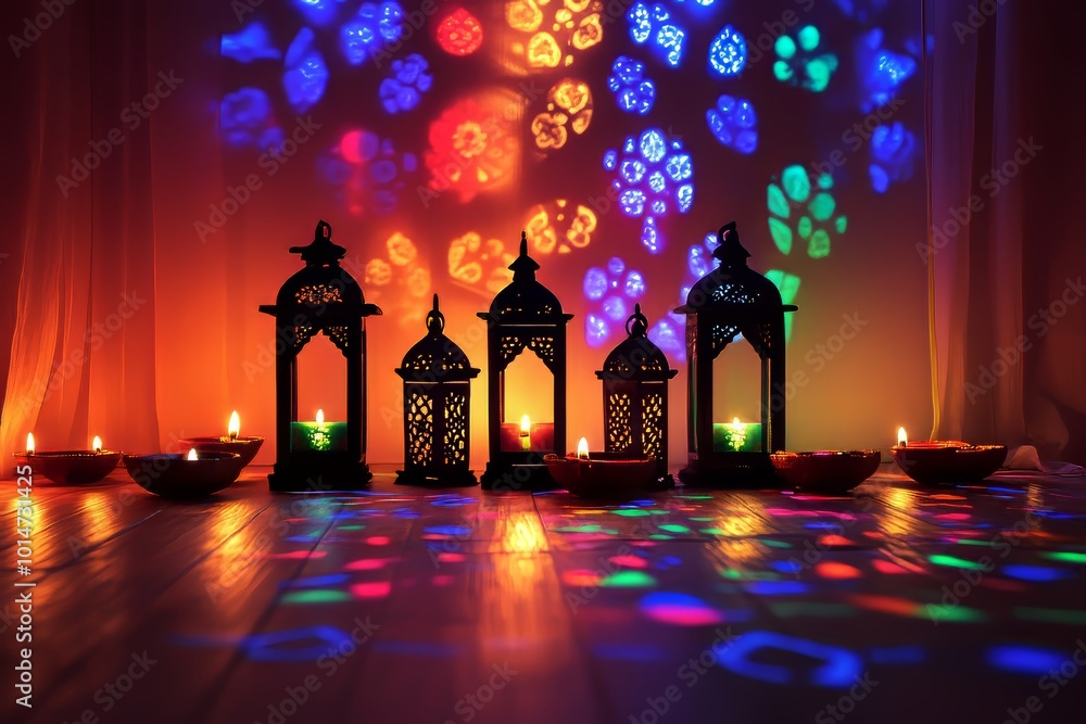 Poster a colorful display of candles and lanterns with a backdrop of a colorful pattern