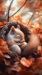 A cute squirrel sleeping in an acorn, surrounded by autumn leaves
