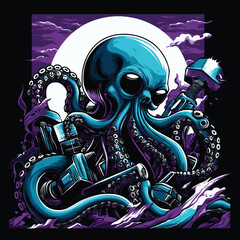 Surreal octopus with shockbreaker tentacles in a dynamic pose, blending mechanical elements with organic forms, featuring six bold colors003