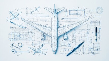 Top View of Airplane Blueprints, Engineering Drawing Concept for Aviation Design and Development