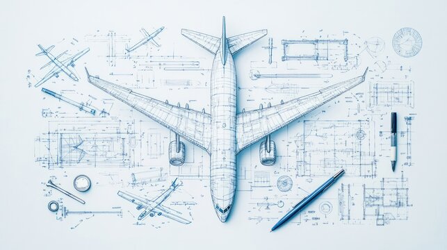 Top View of Airplane Blueprints, Engineering Drawing Concept for Aviation Design and Development