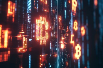 Obraz premium Close-up of crypto symbols floating in a digital grid, with a futuristic financial interface, captured with ultra realism and epic composition for high-end tech visuals.