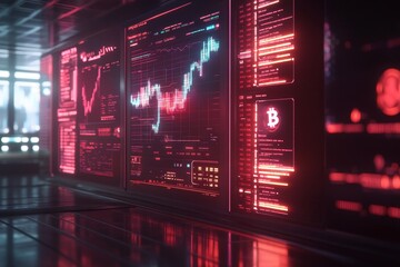 Futuristic crypto trading interface with glowing graphs and digital currency symbols floating in a holographic display, captured with ultra realism and epic composition.