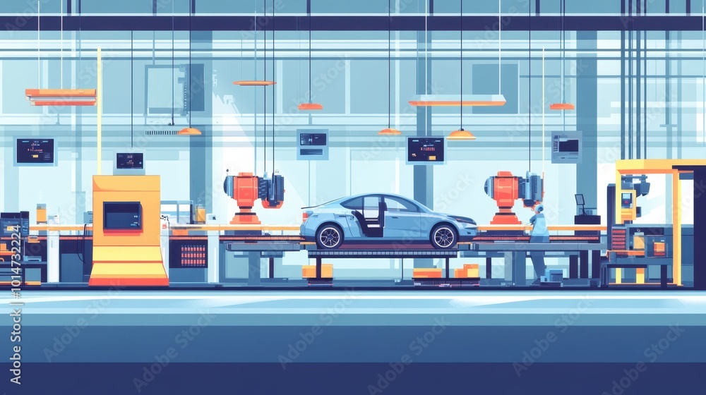 Poster modern factory with robots autonomously building car bodies, high-tech industrial hall with precisio