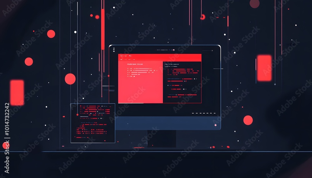 Poster vibrant digital workspace showcasing coding on computer screens with red accents, symbolizing techno