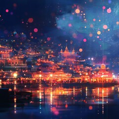 Obraz premium A stunning night cityscape featuring vibrant, colorful lights reflecting on the water, creating a festive and lively atmosphere.