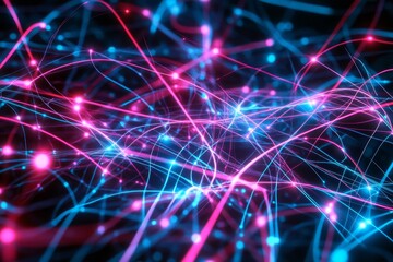 Abstract visualization of data processing with neon lines flowing through complex networks, captured with ultra realism and epic composition for tech visuals.