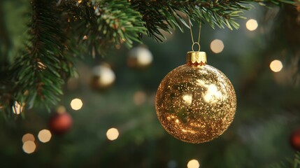 A shiny gold Christmas ornament hangs on a green pine tree branch with blurred lights in the background.