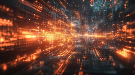 Obraz premium Abstract visualization of data processing with glowing streams of information and circuits, captured with ultra realism and epic composition for high-tech visuals.