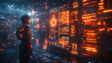 Fototapeta premium Abstract coding symbols floating in a holographic display surrounded by tech elements, captured with ultra realism and epic composition for tech-based visuals.