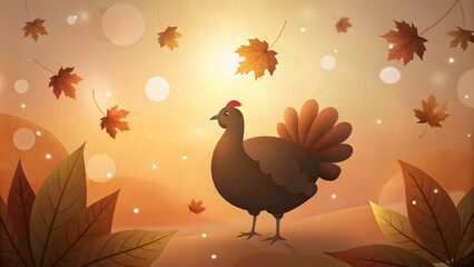 Minimalist Thanksgiving background with turkey and falling autumn leaves