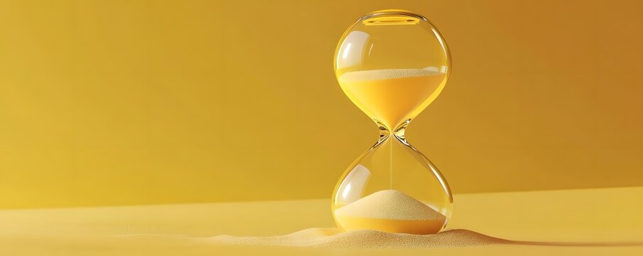 A close-up of a glass hourglass with yellow sand, symbolizing the passage of time against a warm yellow background.