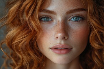 Naklejka premium Captivating portrait of a young woman with curly red hair and striking blue eyes in natural light indoors