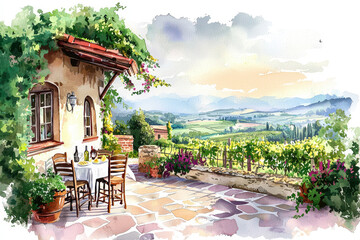 Obraz premium A picturesque patio overlooking a lush vineyard, featuring a cozy table setting and a charming house surrounded by greenery, perfect for a serene getaway.